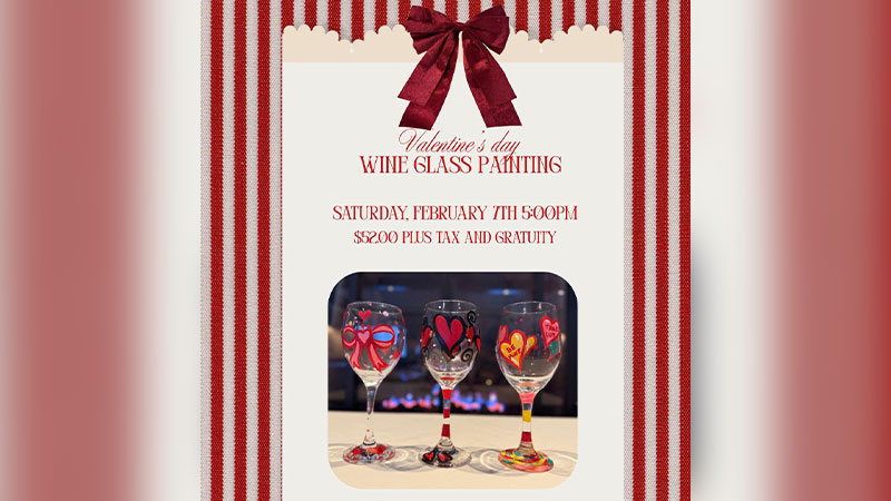 Valentine’s Day Wine Glass Painting flyer for The Beaumont Inn in Dallas, PA, featuring hand-painted wine glasses and event date Saturday, February 7 at 5:00 PM