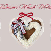 Valentine’s Wreath Workshop heart-shaped wreath designs at Back Mountain Makery in Dallas, PA, with Valentine’s-themed ribbons and décor.