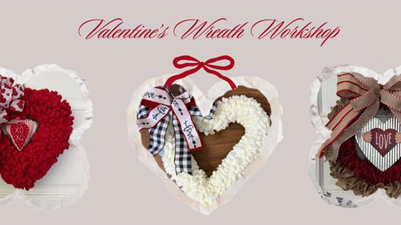 Valentine’s Wreath Workshop heart-shaped wreath designs at Back Mountain Makery in Dallas, PA, with Valentine’s-themed ribbons and décor.