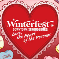 Event graphic for WinterFest in Downtown Stroudsburg, PA, with a heart-shaped design and the text “Winterfest Downtown Stroudsburg” and “Love, the Heart of the Poconos,” surrounded by winter activity icons.