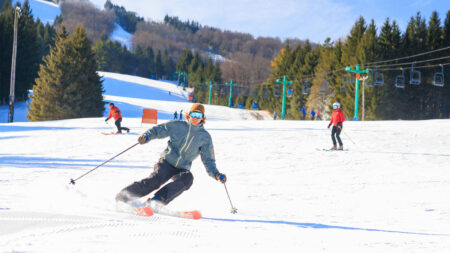A man skiing down a trail at Elk Mountain in Union Dale, PA.