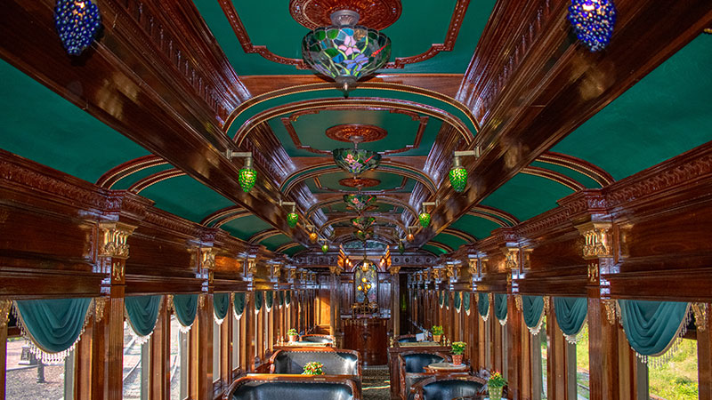 The interior of an elegant train car on the Colebrookdale Railroad in Boyertown, PA.