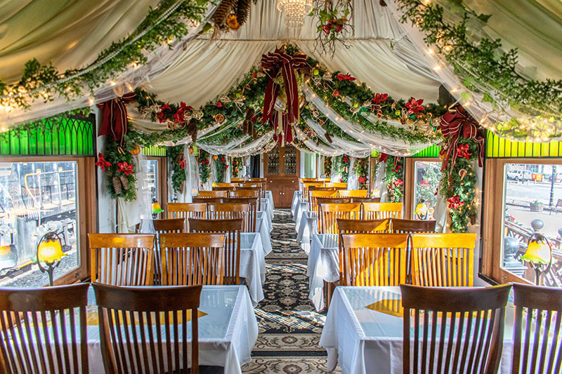 Tables setup on the winter Christmas train ride on the Colebrookdale Railroad in Boyertown, PA