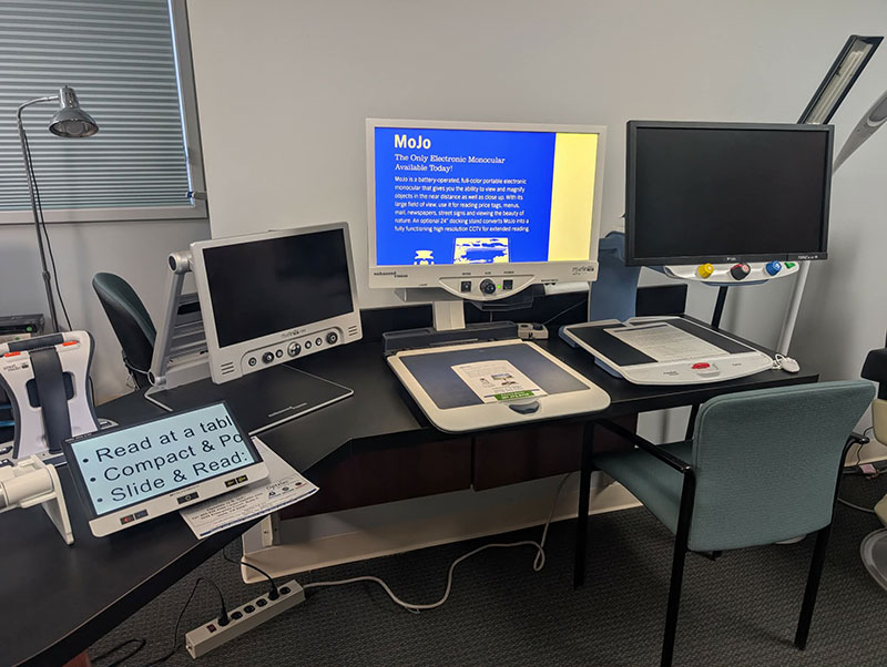 A magnifying tool that digitizes printed text onto a large computer monitor at the Vision Resource Center at Northeast Sight Services in Exeter, PA.