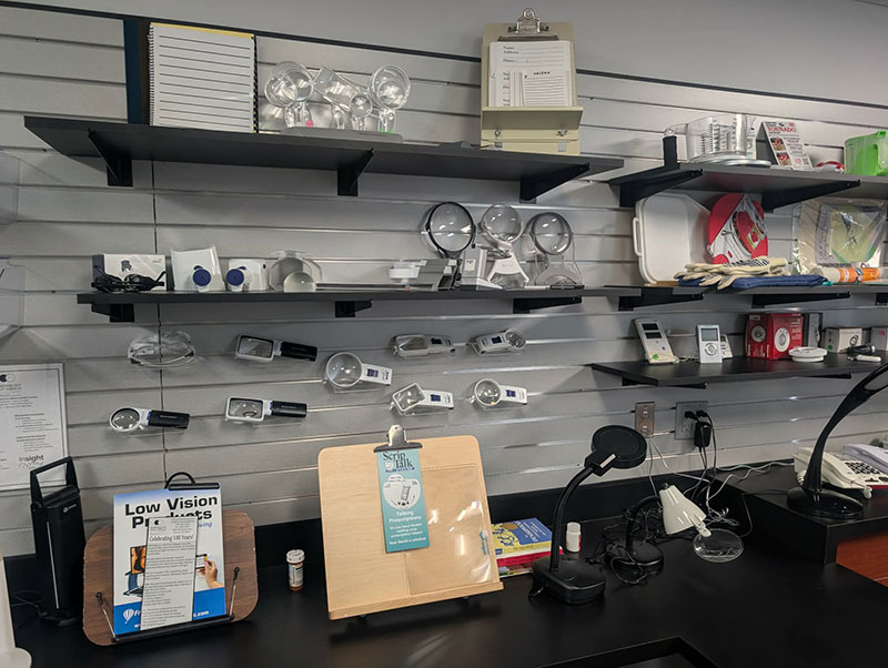Magnifying glasses and other reading tools at The Vision Resource Center at Northeast Sight Services in Exeter, PA.