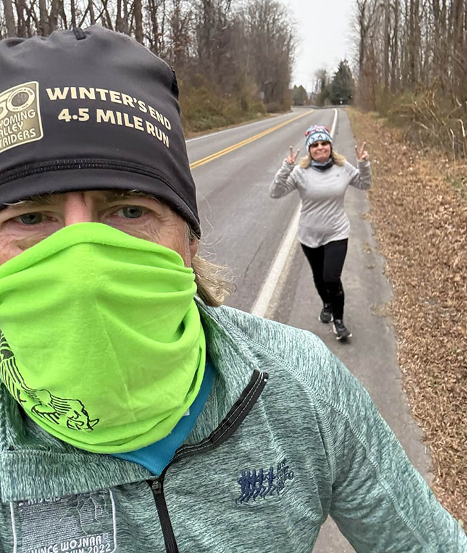 A couple, members of the Wyoming Valley Striders, are out on a training run. 