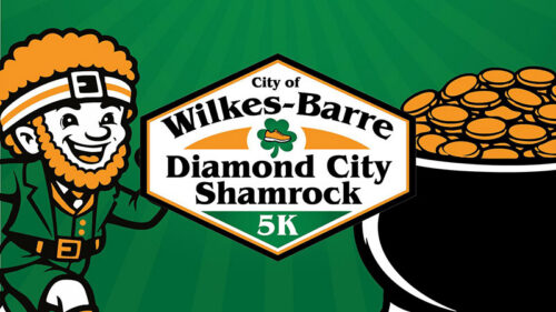 Diamond City Shamrock 5K at Public Square in Wilkes-Barre, PA, takes place on March 15 and is represented by a cartoon leprechaun beside the event logo on a green background.