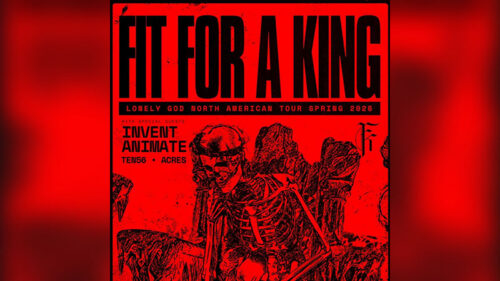 Fit For A King Lonely God North American Tour spring concert at the Sherman Theater in Stroudsburg on May 22, 2026, featuring red artwork with a skeletal figure. Text on image reads: “Fit For A King,” “Lonely God North American Tour Spring 2026,” and “Invent Animate.”