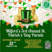 Milford’s 3rd Annual St. Patrick’s Day Parade at Downtown Milford, PA, takes place on Saturday, March 21, at 3:00 PM and is shown in a green promotional graphic with gold coins and a leprechaun hat. Text includes: “Milford’s 3rd Annual St. Patrick’s Day Parade,” “Saturday, March 21st,” “Starts 3 PM,” “Pike County Chamber of Commerce.”