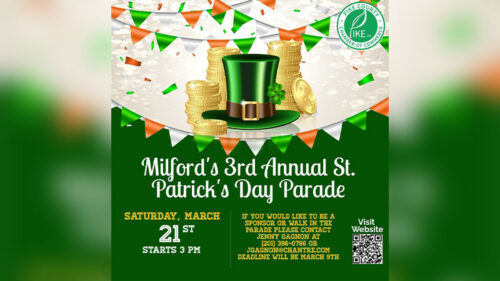 Milford’s 3rd Annual St. Patrick’s Day Parade at Downtown Milford, PA, takes place on Saturday, March 21, at 3:00 PM and is shown in a green promotional graphic with gold coins and a leprechaun hat. Text includes: “Milford’s 3rd Annual St. Patrick’s Day Parade,” “Saturday, March 21st,” “Starts 3 PM,” “Pike County Chamber of Commerce.”