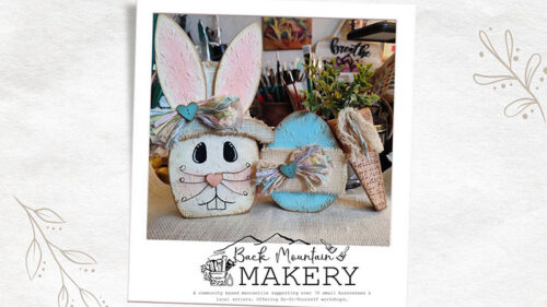 A wooden bunny on display for the Rustic Wooden Easter Bunny Workshop at Back Mountain Makery in Dallas, PA.