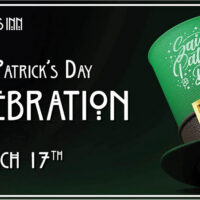 A graphic poster for The Settlers Inn St. Patrick's Day Celebration on March 17, featuring a green and black top hat with the words 