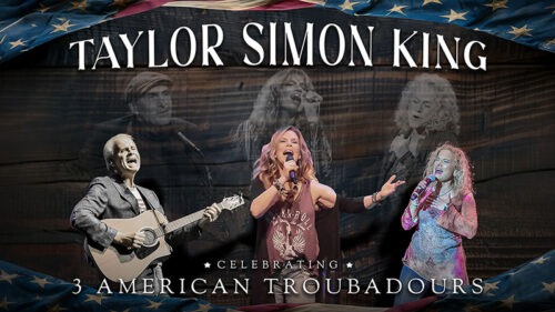Taylor Simon King Celebrating 3 American Troubadours spring concert at the Sherman Theater in Stroudsburg on May 30, 2026, featuring multiple performers singing and playing guitar. Text on image reads: “Taylor Simon King” and “Celebrating 3 American Troubadours.”