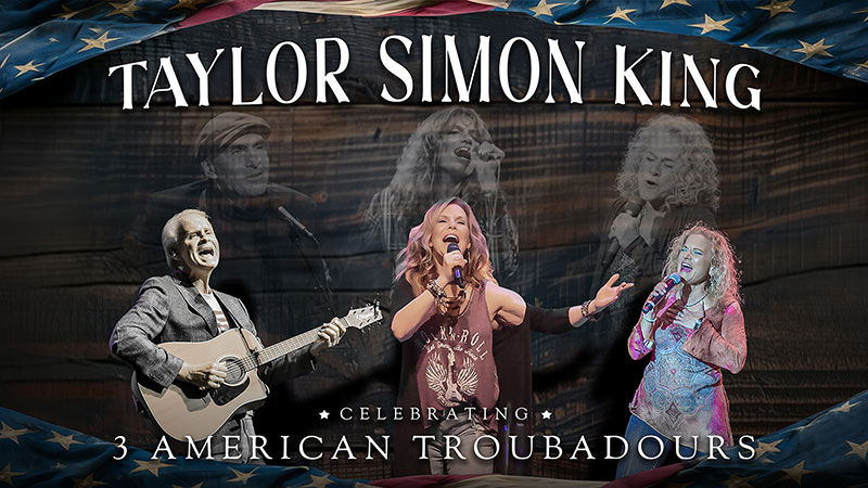 Taylor Simon King Celebrating 3 American Troubadours spring concert at the Sherman Theater in Stroudsburg on May 30, 2026, featuring multiple performers singing and playing guitar. Text on image reads: “Taylor Simon King” and “Celebrating 3 American Troubadours.”