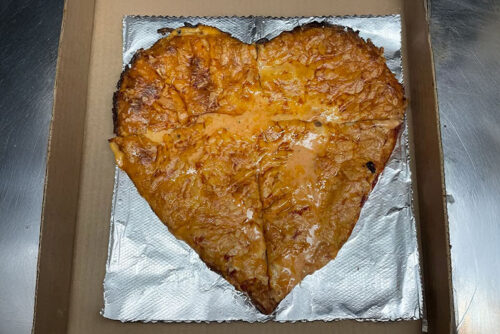 Heart shaped pizza from Cebulas in Dupont, PA.