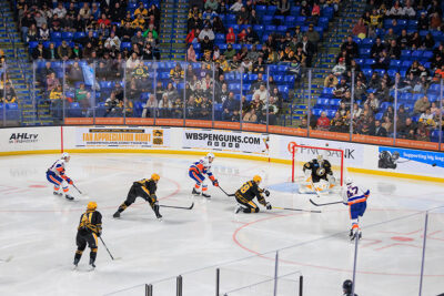 The goalie blocks a goal at the WIlkes-Barre/Scranton Penguins game in Wilkes-Barre, PA.