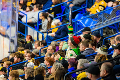 A boys cheers with a foam finger at the WIlkes-Barre/Scranton Penguins game in Wilkes-Barre, PA.