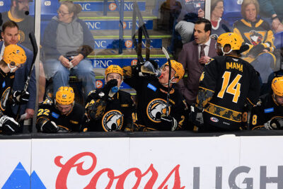 Hockey players sip their waters at the WIlkes-Barre/Scranton Penguins game in Wilkes-Barre, PA.