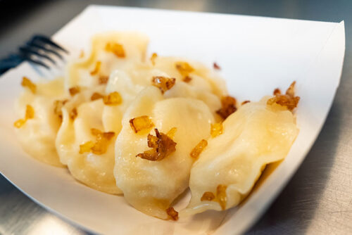 Homemade pierogi topped with bacon from Spolem Deli in Newfoundland, PA.