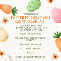 Easter Egg Hunt and Bunny Breakfast graphic with pastel eggs and carrots for April 4, 2026 at 11 a.m. at The Beaumont Inn in Dallas, PA.