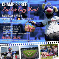 Champ’s Free Easter Egg Hunt graphic featuring the Scranton/Wilkes-Barre RailRiders mascot with event details for Saturday, April 4 at 9:30 a.m. at PNC Field in Moosic, PA.