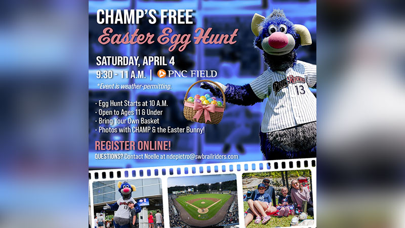 Champ’s Free Easter Egg Hunt graphic featuring the Scranton/Wilkes-Barre RailRiders mascot with event details for Saturday, April 4 at 9:30 a.m. at PNC Field in Moosic, PA.