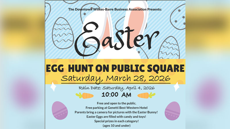 Easter Egg Hunt on Public Square graphic with bunny ears and pastel eggs for Saturday, March 28 at 10 a.m. in Wilkes-Barre, PA.