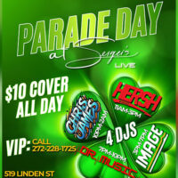 Graphic images for Parade Day at Sergei’s Live in Scranton, PA. $10 cover all day. DJ Hersh from 11:00 AM to 3:00 PM, DJ Image from 3:00 PM to 7:00 PM, DJ Dr. Music from 7:00 PM to 10:00 PM, and DJ Chris James from 10:00 PM to 2:00 AM. 519 Linden St.