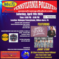 Pennsylvania Polkafest at Mohegan Pennsylvania Keystone Grand Ballroom in Wilkes-Barre, PA poster featuring Jimmy Sturr and Polka Family Band with text “Saturday, April 11th 2026, 4:00 PM – 8:00 PM”