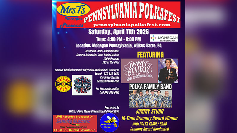 Pennsylvania Polkafest at Mohegan Pennsylvania Keystone Grand Ballroom in Wilkes-Barre, PA poster featuring Jimmy Sturr and Polka Family Band with text “Saturday, April 11th 2026, 4:00 PM – 8:00 PM”