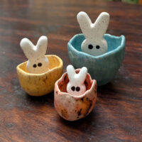 Small bunny and egg sculptures from the Spring Bunny and Egg workshop held at Kettle Creek Pottery in Stroudsburg, PA.