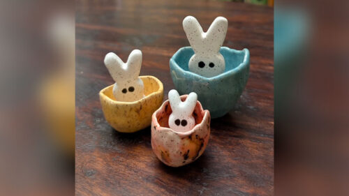 Small bunny and egg sculptures from the Spring Bunny and Egg workshop held at Kettle Creek Pottery in Stroudsburg, PA.