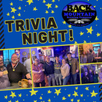 A graphic image with photos of people o a blue background with yellow stars and wording that says “Trivia Night“ for Back Mountain Brewing Company in Dallas, PA.