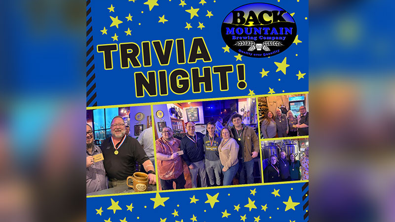 A graphic image with photos of people o a blue background with yellow stars and wording that says “Trivia Night“ for Back Mountain Brewing Company in Dallas, PA.