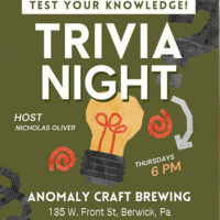 A graphic image with a yellow light bulb set against a green background with the words “Test your knowledge! Trivia Night. Host Nicholas Oliver. Thursdays 6 p.m. Anomaly Craft Brewing. 135 West Front St. Berwick, PA.“ to promote trivia night.