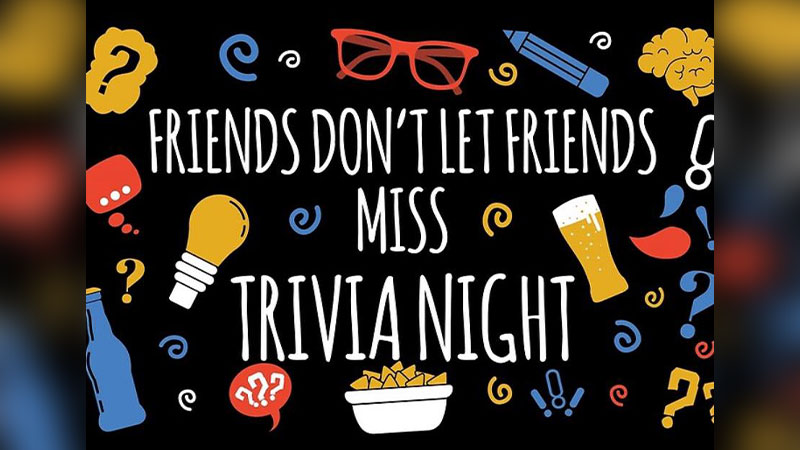 Graphic image for trivia night at Five Mountain Brewing Company in Shickshinny, PA, with the wording “Friends Don't Let Friends Miss Trivia Night“ with images of red glasses, beer, light bulb, a bowl of chips and more.