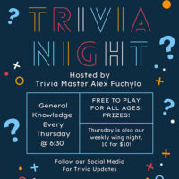 A graphic on a dark blue background for trivia night at Voodoo Brewing Company in Scranton, PA. The wording says “Trivia Night. Hosted by Trivia Master Alex Fuchylo. General knowledge every Thursday at 6:30. Free to play for all ages. Prizes. Thursday is also our weekly wing night, 10 for $10. Follow our social media for trivia updates.“
