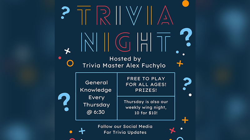 A graphic on a dark blue background for trivia night at Voodoo Brewing Company in Scranton, PA. The wording says “Trivia Night. Hosted by Trivia Master Alex Fuchylo. General knowledge every Thursday at 6:30. Free to play for all ages. Prizes. Thursday is also our weekly wing night, 10 for $10. Follow our social media for trivia updates.“