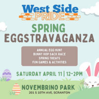 West Side Pride Spring Eggstravaganza graphic with bunny illustration and event details for Saturday, April 11 from 12–2 p.m. at Novembrino Park in Scranton, PA.
