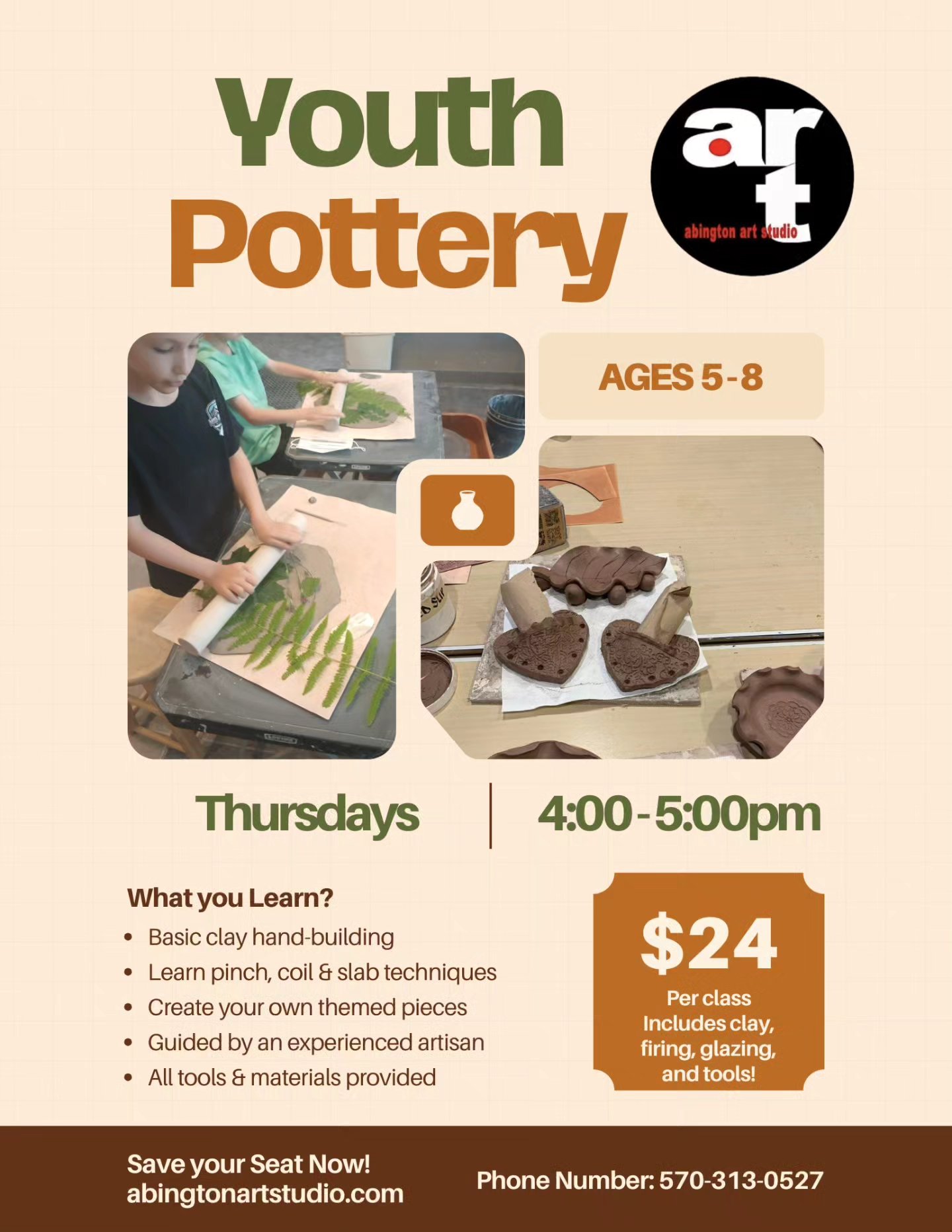 Flyer for the Youth Pottery Class at Abington Art Studio in Clarks Summit, PA.