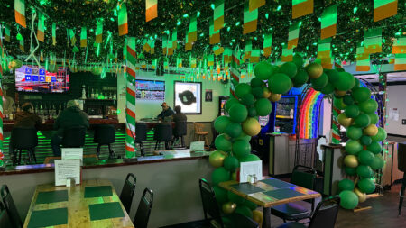 The decked out decorations at Slingshots Bar and Grill in Moscow, PA for their St. Patrick's Day pop-up bar The Lucky Shamrock.