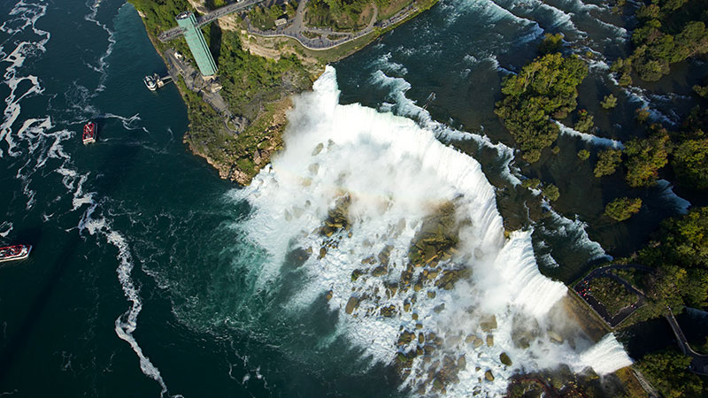 An aerial view of the massive waterfall at Niagara Falls.