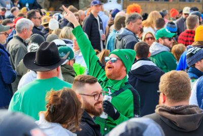 A man dress in green attire celebrates at Mountainfest at Montage Mountain in Moosic, PA.