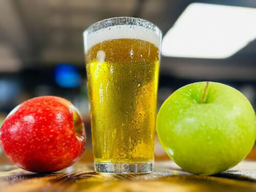 A tall pint of hard apple cider at Signature Brewery & Saloon in Stroudsburg, PA.