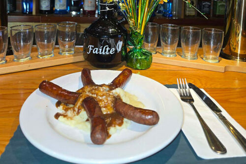 A dinner plate of sausage links with mashed potatoes from Failte in Dingmans Ferry, PA.