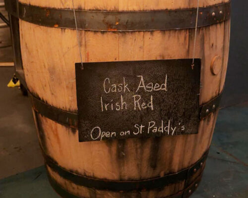 An old whiskey barrel full of Irish red ale at Revere Brewery in Tamaqua, PA.