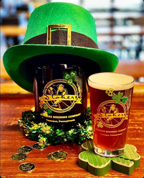 A pint of beer in a festive St. Patrick's Day display on the bar at Stoker's Brewing Company in Tamaqua, PA.