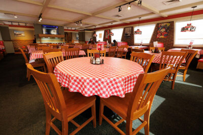 A wide view of the dining room inside Pizza Hut Classic in Tunkhannock, PA.